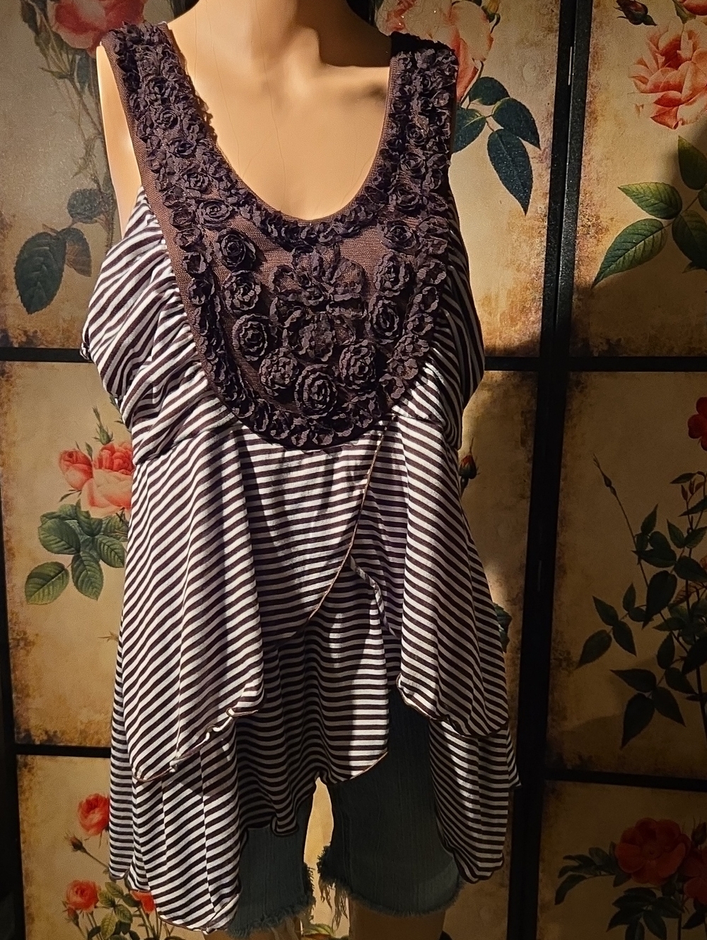 Cocomo Brown and White Striped Tank with Floral Lace Yoke: Large E